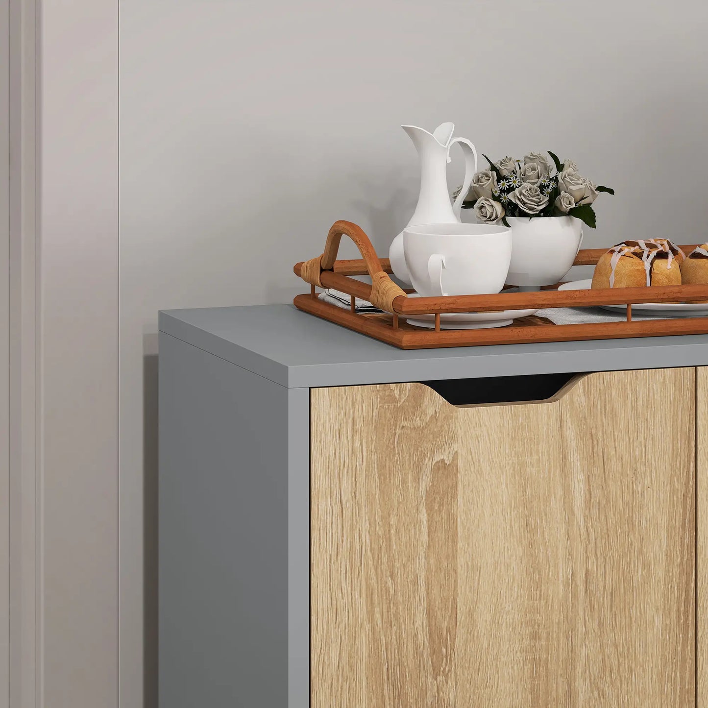 35" Sideboard Storage Cabinet, Nature Wood, Grey Bar Cabinets at Gallery Canada