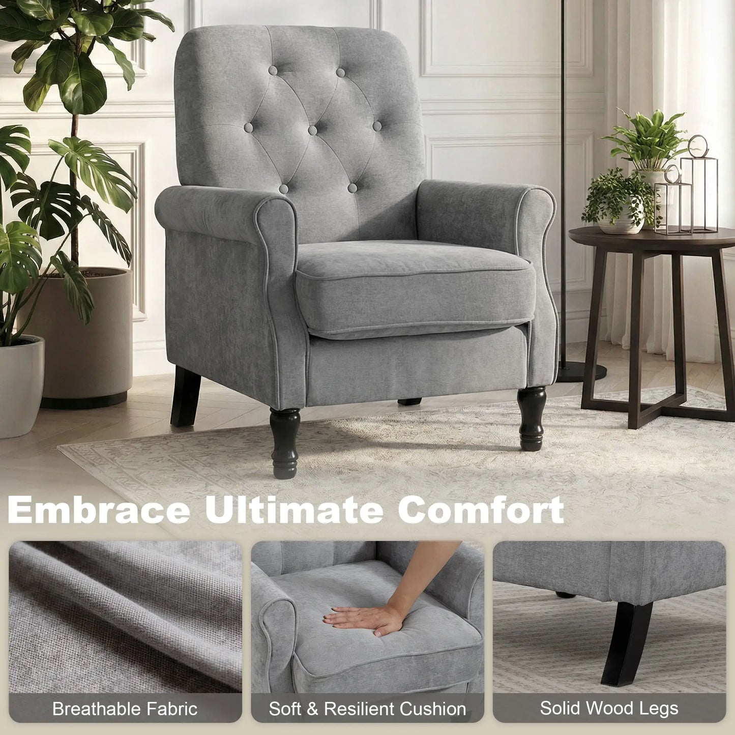 Mid-Century Modern Armchair, Thick Padded Seat, Spring Cushion, Solid Wood Legs, Grey Single Sofas at Gallery Canada