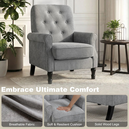 Mid-Century Modern Armchair, Thick Padded Seat, Spring Cushion, Solid Wood Legs, Grey Single Sofas at Gallery Canada