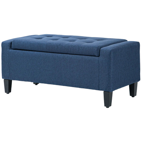 Storage Ottoman Bench, Linen Upholstered, Tufted, Dark Blue