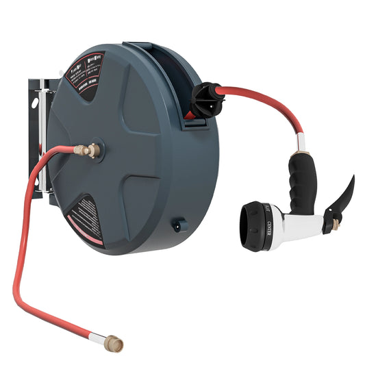 1/2" 49ft Retractable Hose Reel, 8 Pattern Nozzle, Auto Rewind Garden Accessories Grey at Gallery Canada