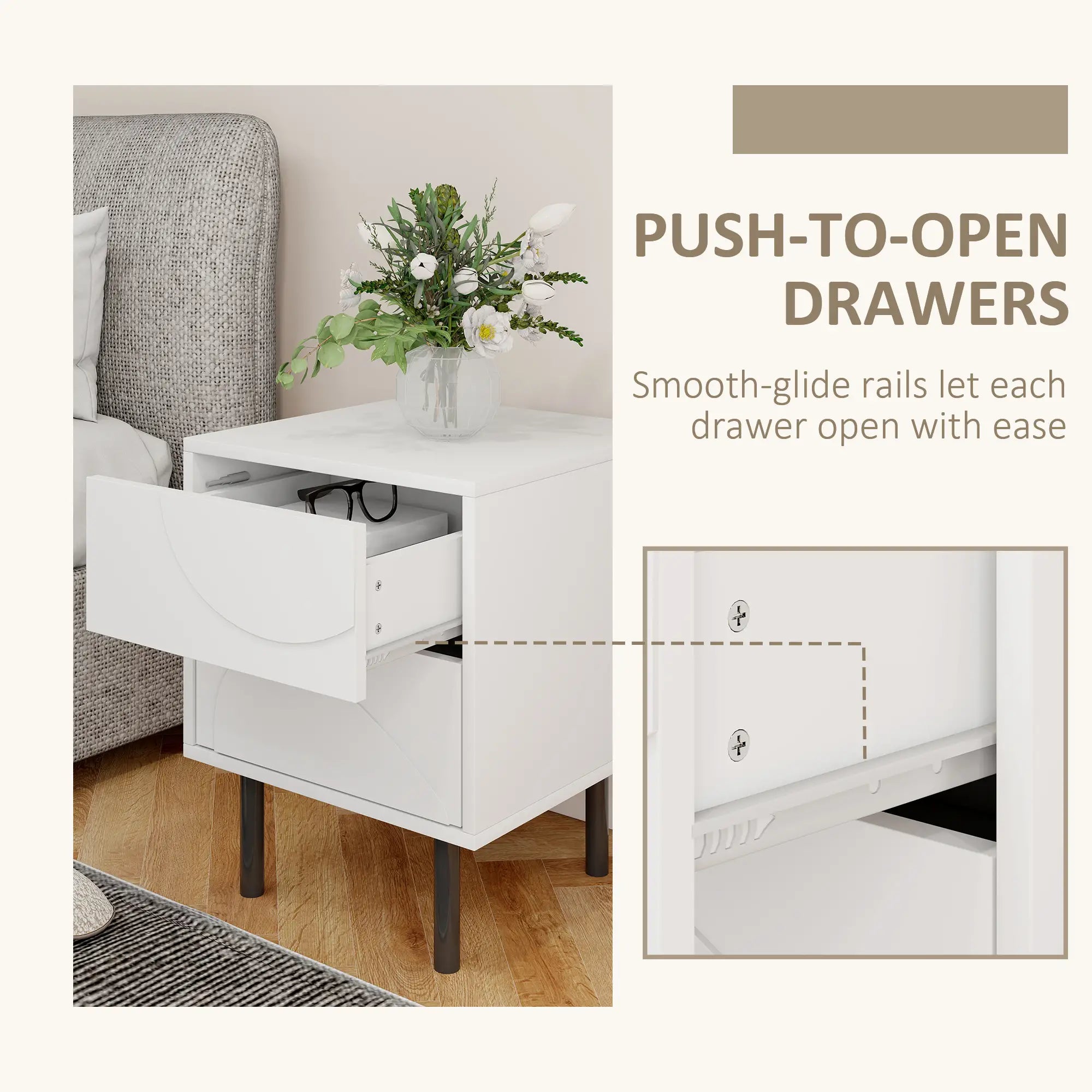 Modern Nightstand Set of 2, Push-to-Open Drawers, Steel Legs, White Bedside Tables at Gallery Canada