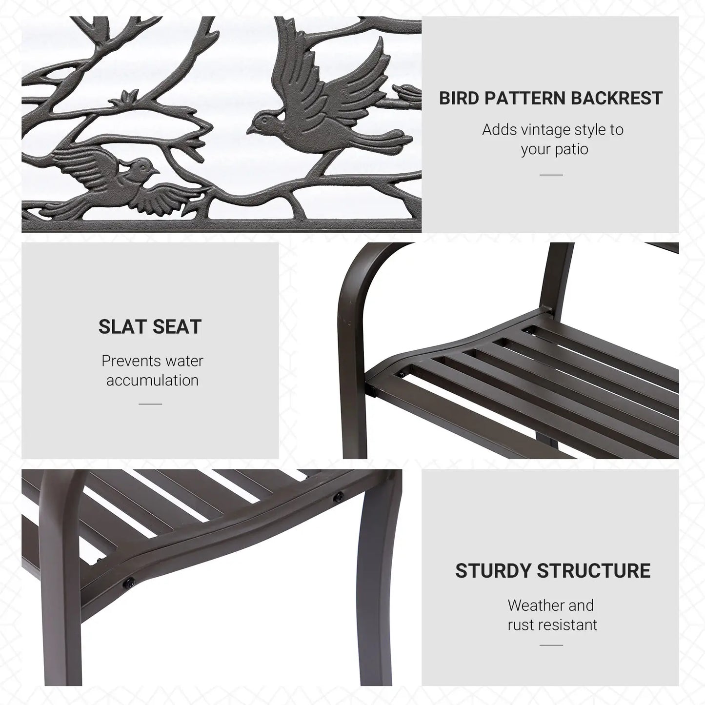 50 Garden Bench, Outdoor Loveseat, Vintage Bird Pattern, Cast Metal, Brown Outdoor Benches at Gallery Canada