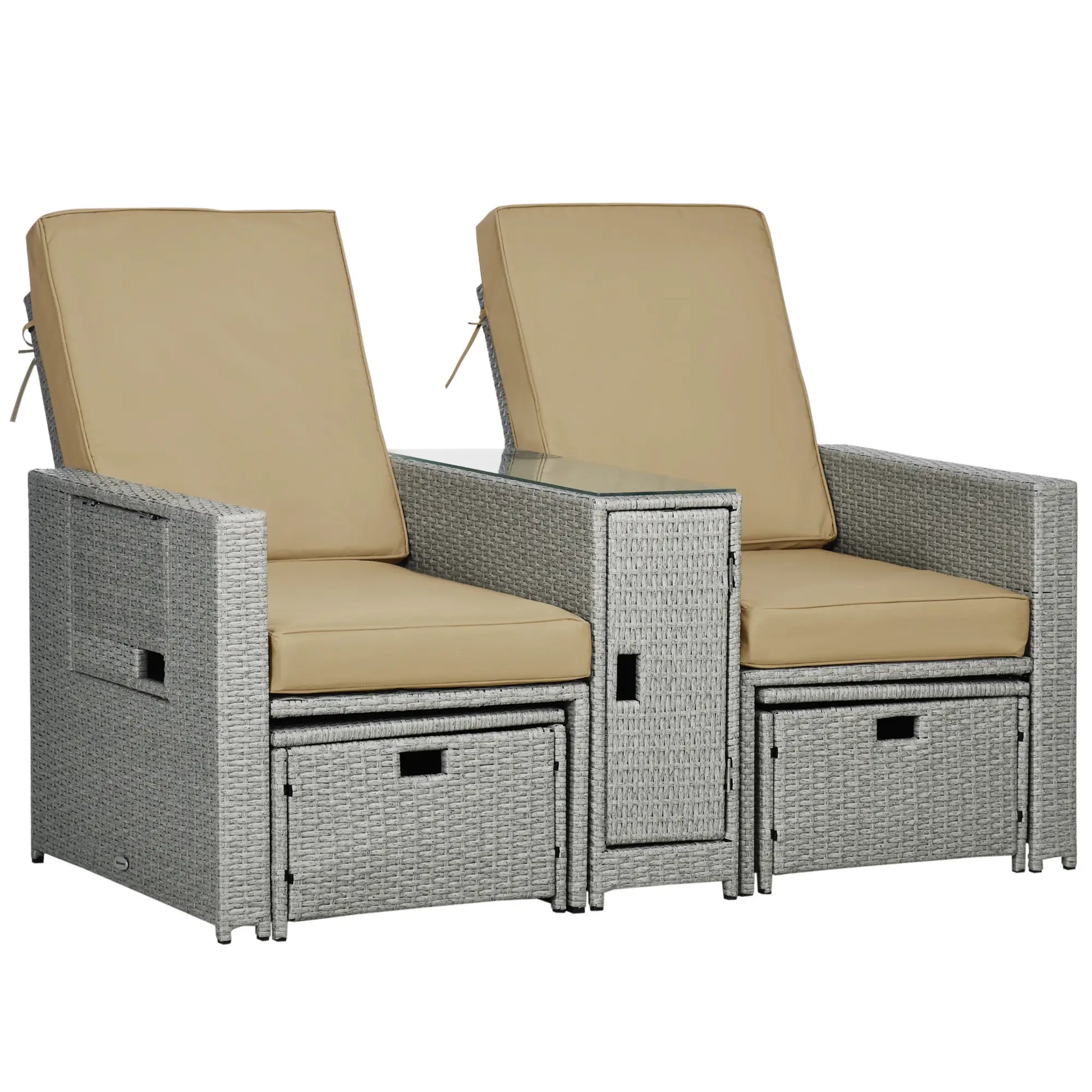 5PC Wicker Patio Lounger, Adjustable Recliner Sofa Bed, Storage Side Table, Footstools, Khaki Chaise Loungers at Gallery Canada