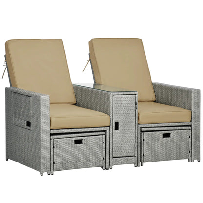 5PC Wicker Patio Lounger, Adjustable Recliner Sofa Bed, Storage Side Table, Footstools, Khaki Chaise Loungers at Gallery Canada