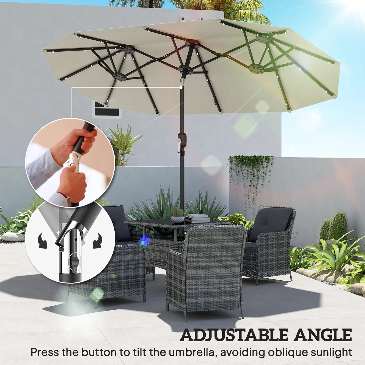10ft Double-Sided Patio Umbrella, 35 LED Lights, 12 Ribs, Beige Double-sided Umbrellas at Gallery Canada