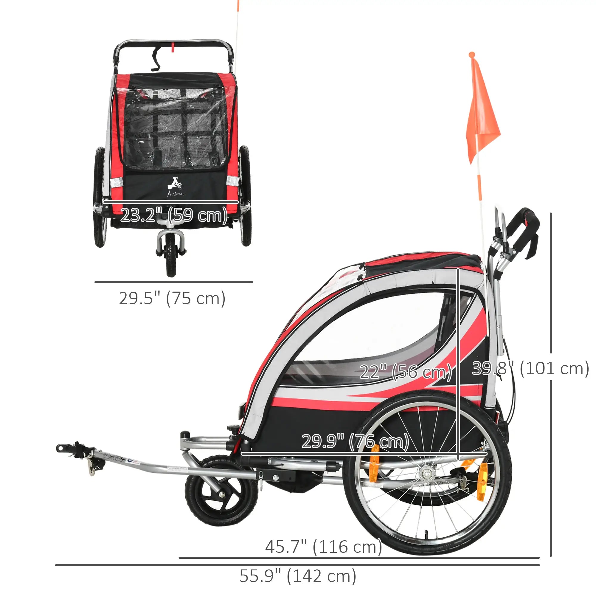 2 Seat Bike Trailer, Double Jogging Stroller, Handbrake, Red Kids Bike Trailers at Gallery Canada