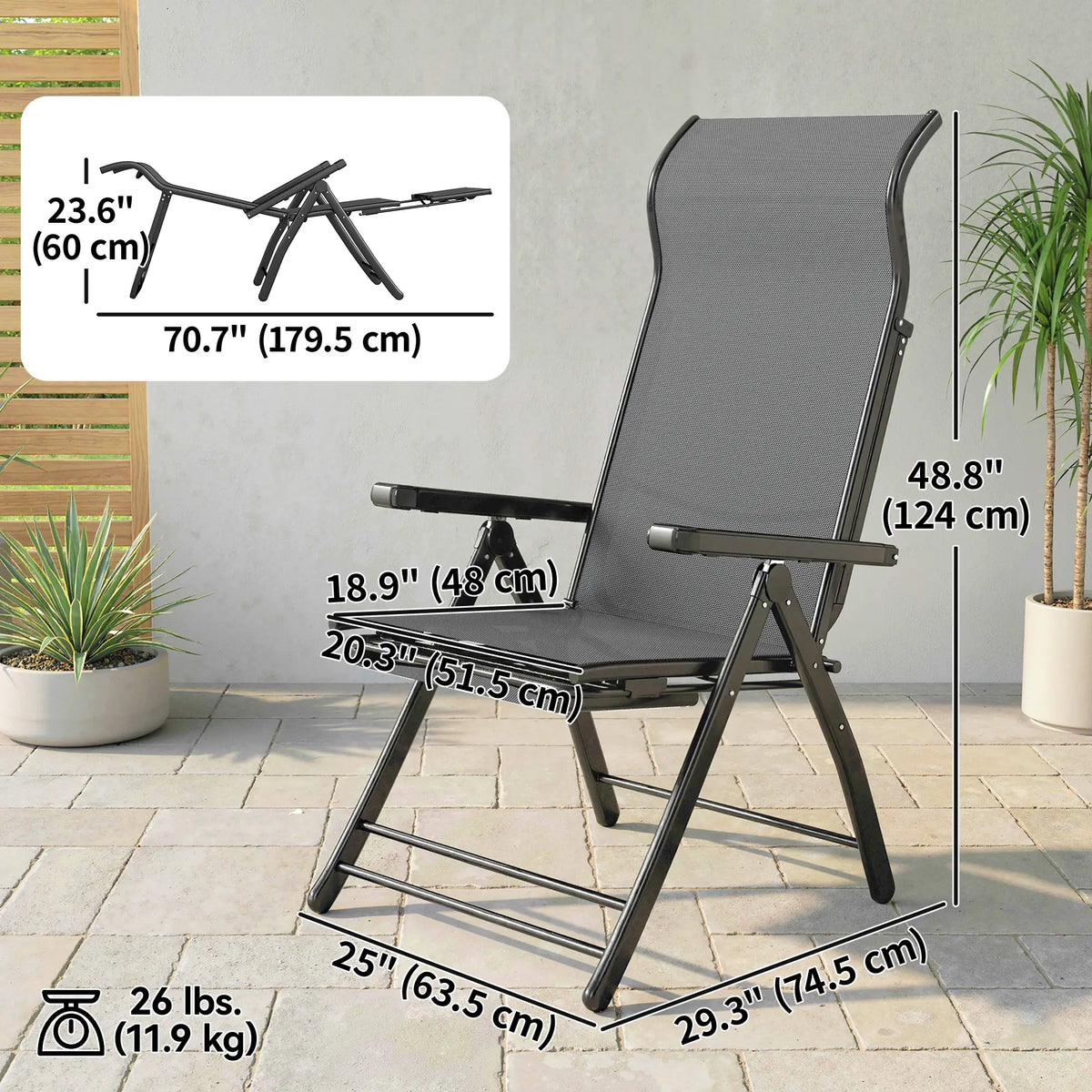 Folding Patio Chairs Set of 2, 5-Position Outdoor Lounge Chairs, Dark Grey Lounger Chairs at Gallery Canada