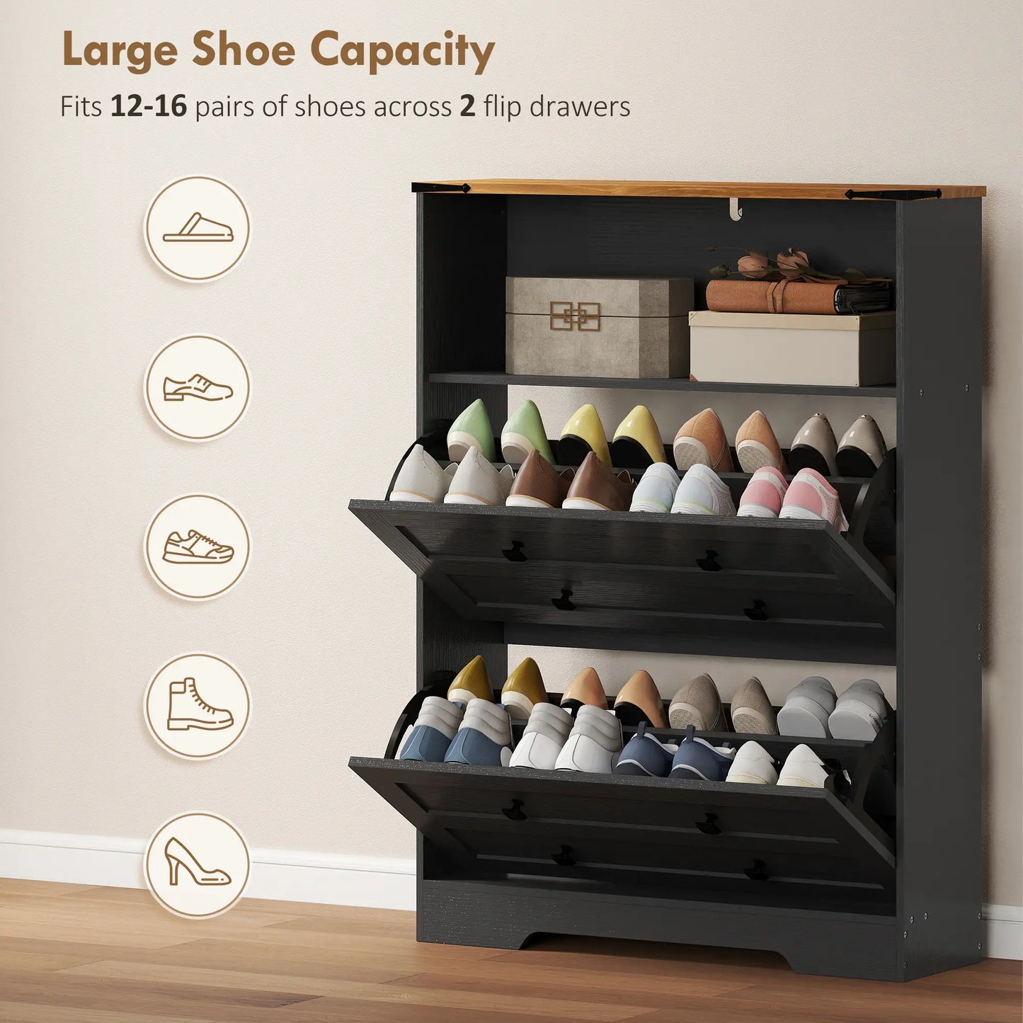 Shoe Cabinet With 2 Flip Drawers, Narrow, Black Shoe Storage Cabinets & Racks at Gallery Canada