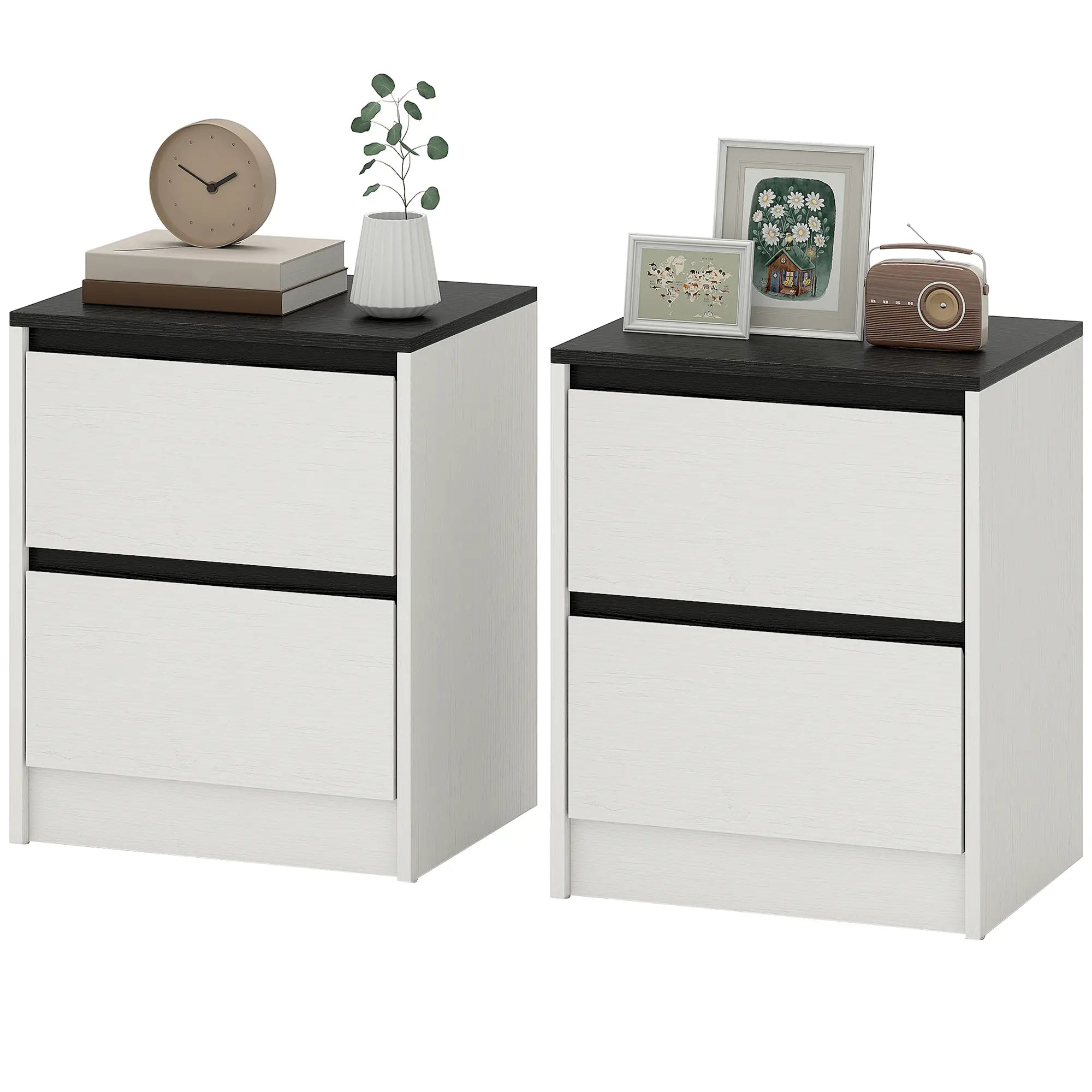 Modern Bedside Tables, Set of 2, 2 Drawers, White Bedside Tables White, Black at Gallery Canada