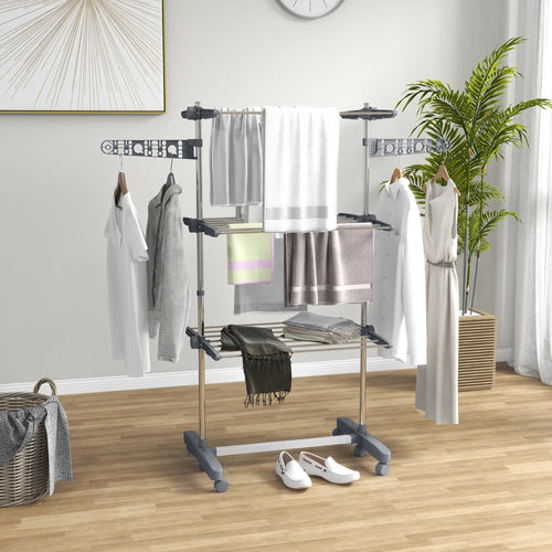 3-Tier Foldable Clothes Drying Rack, Stainless Steel, 6 Castors, Grey