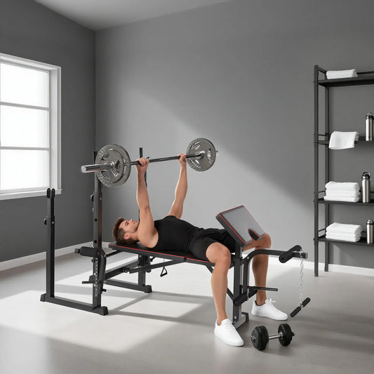Weight Bench with Barbell Rack, Preacher Curl, Leg Curl Machine Weight Benches Black at Gallery Canada
