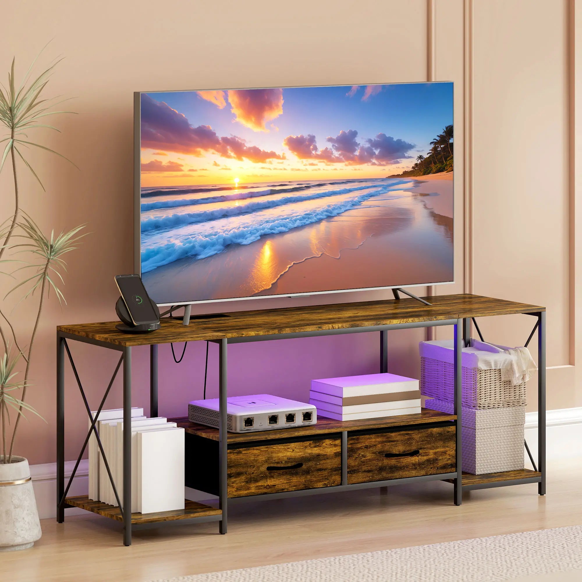 Industrial TV Stand For 55 Inch, Rustic Brown, Charging Station, RGB LED, Brown TV Stands at Gallery Canada