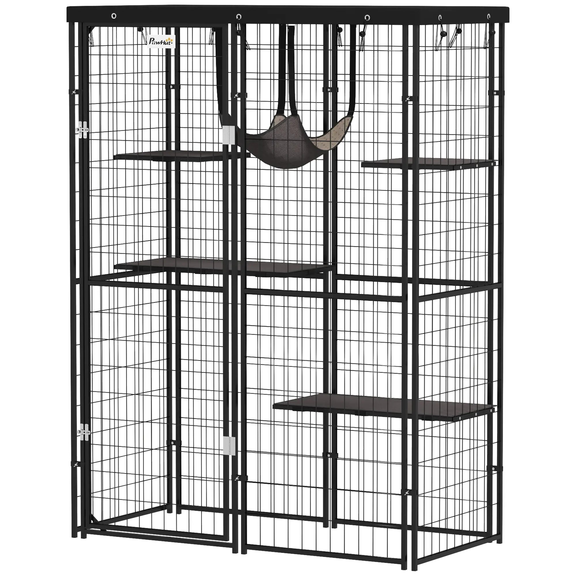 Metal Cat Cage, Waterproof Cover, 4 Platforms, Hammock, 46.5