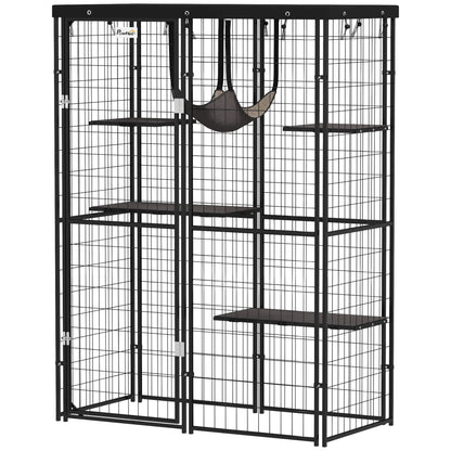 Metal Cat Cage, Waterproof Cover, 4 Platforms, Hammock, 46.5" x 22" x 62", Black Outdoor Cat Enclosures Black at Gallery Canada