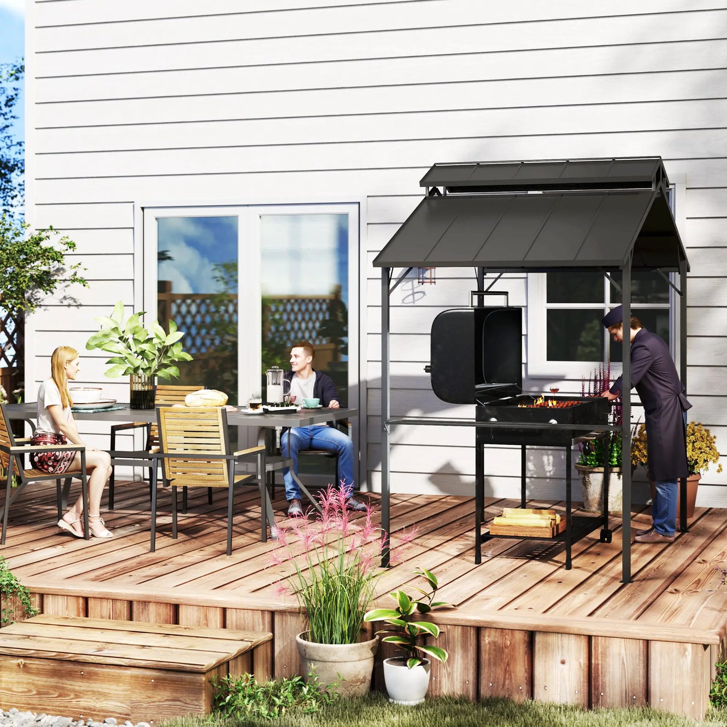 8 x 5ft Hardtop Grill Gazebo, Double Metal Roof, 2 Side Shelves, 10 Hooks BBQ Grill Gazebos at Gallery Canada