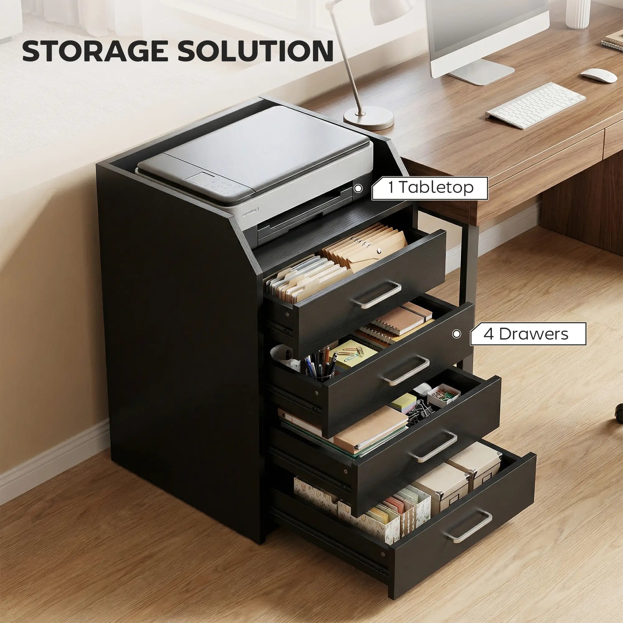 4-Drawer Vertical Mobile Filing Cabinet, Lockable Wheels, Black Wood Grain Office Cabinets & Cupboards at Gallery Canada