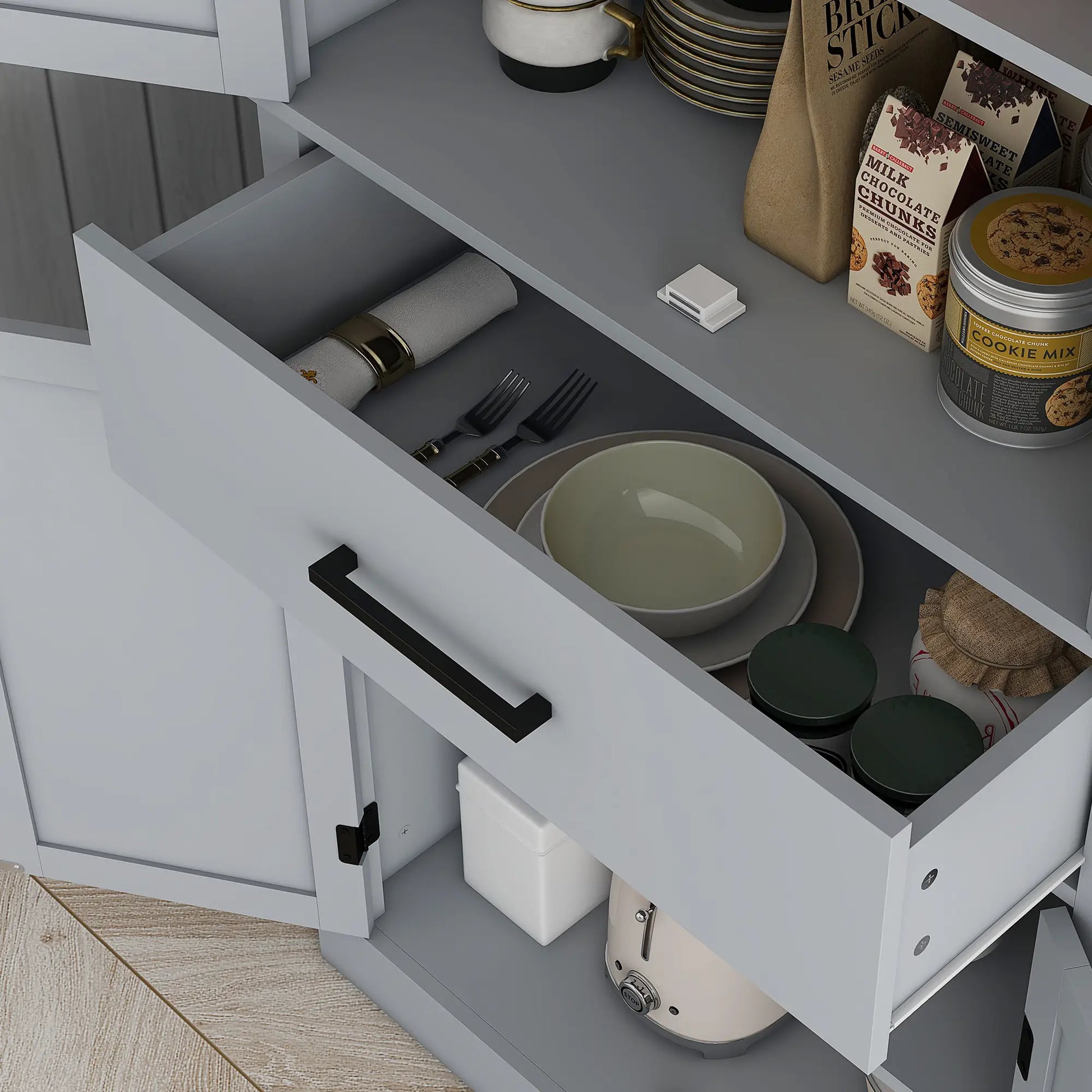 72" Kitchen Storage Cabinet, Farmhouse Pantry, 4 Barn Doors, Drawer, Adjustable Shelves, Grey Kitchen Pantry Cabinets at Gallery Canada