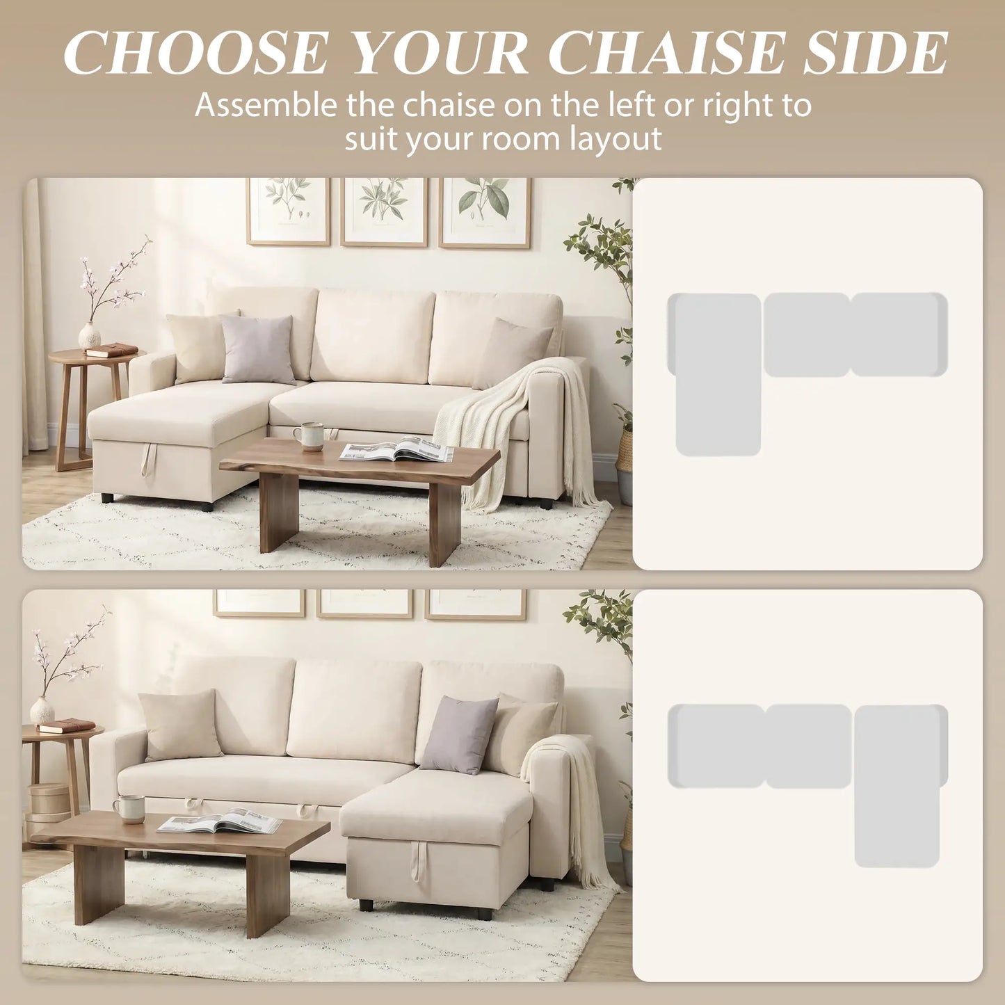 83" Sofa Bed, L Shaped Sectional Couch with Storage Chaise, Cream White