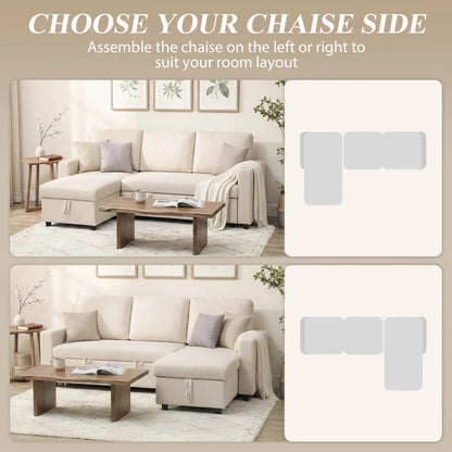 83" Sofa Bed, L Shaped Sectional Couch with Storage Chaise, Cream White