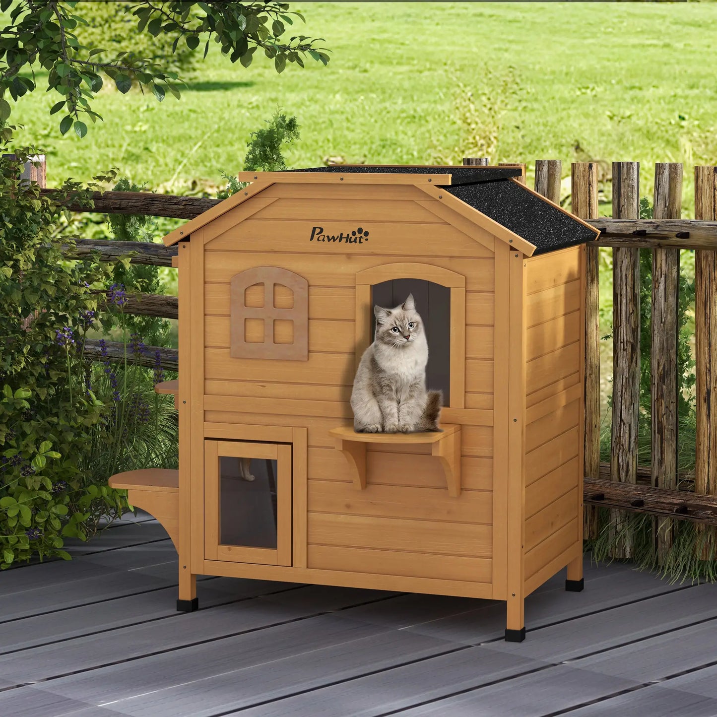 2-Storey Outdoor Cat House, Wooden Catio, Openable Roof, Yellow Cat Houses at Gallery Canada