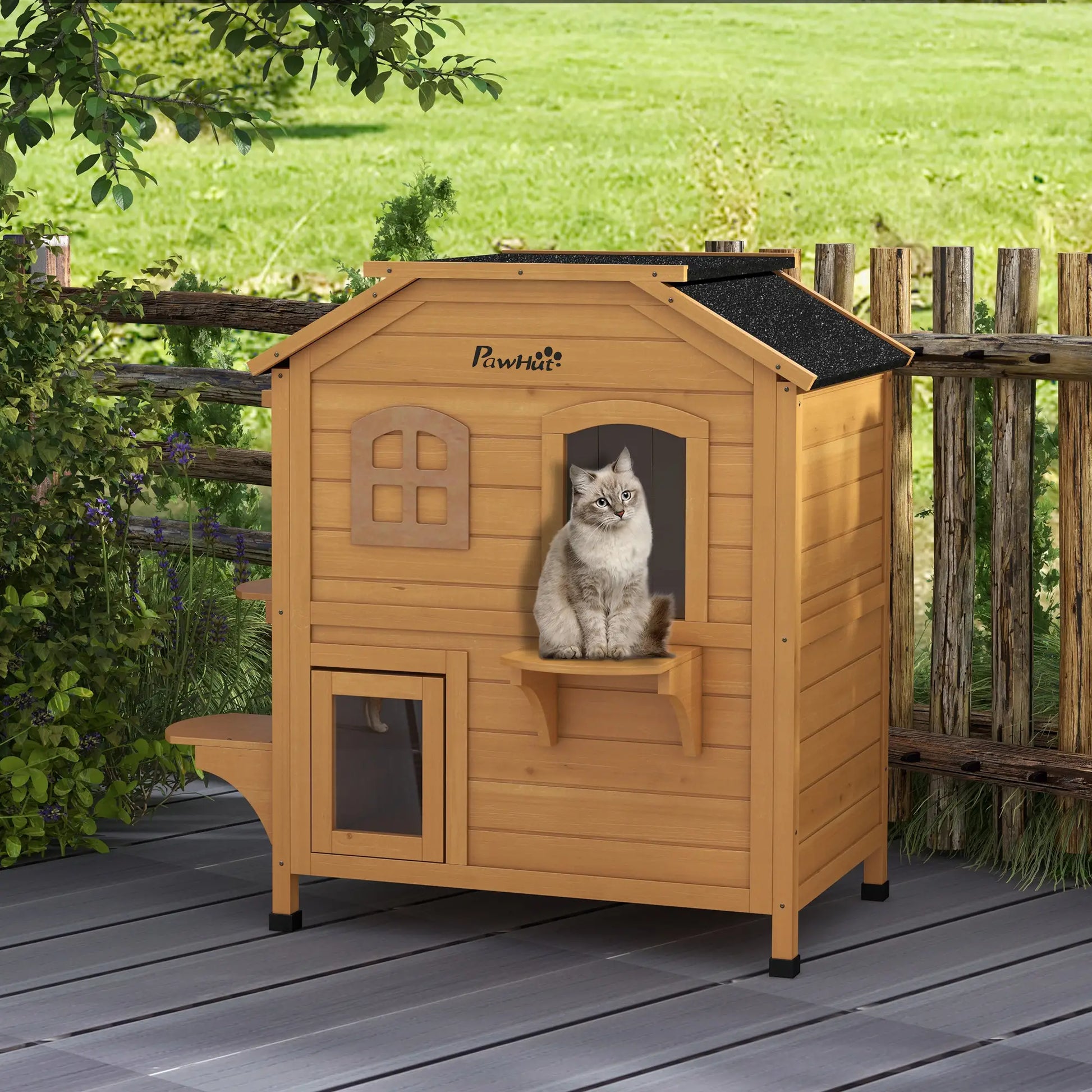 2-Storey Outdoor Cat House, Wooden Catio, Openable Roof, Yellow Cat Houses at Gallery Canada