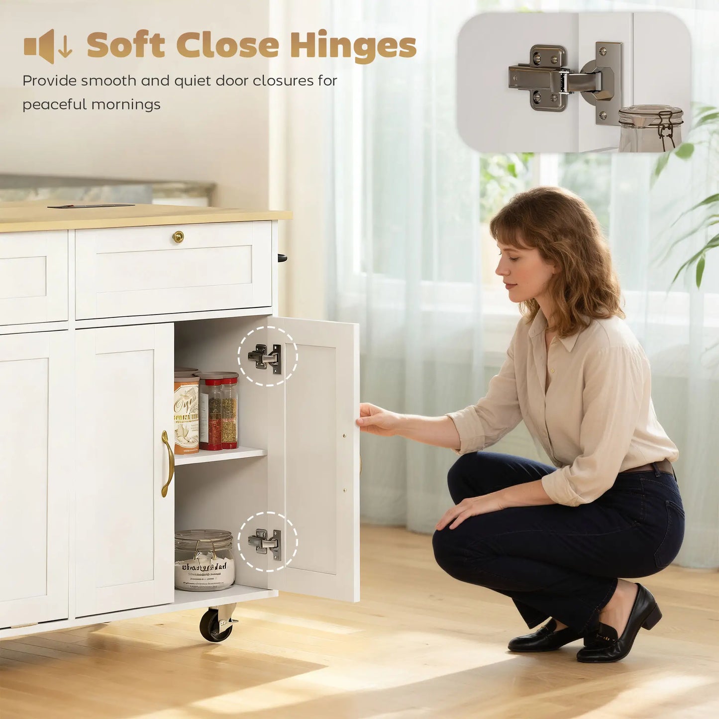 Kitchen Island Cart with Charging Station, Drop Leaf, Trash Can Cabinet, White Kitchen Islands & Kitchen Carts at Gallery Canada