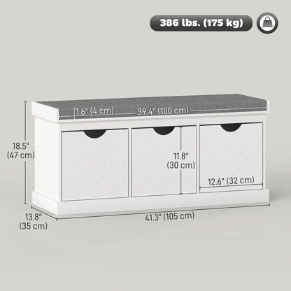 Shoe Storage Bench, 3 Drawers, Padded Seat, White Shoe Storage Cabinets & Racks at Gallery Canada