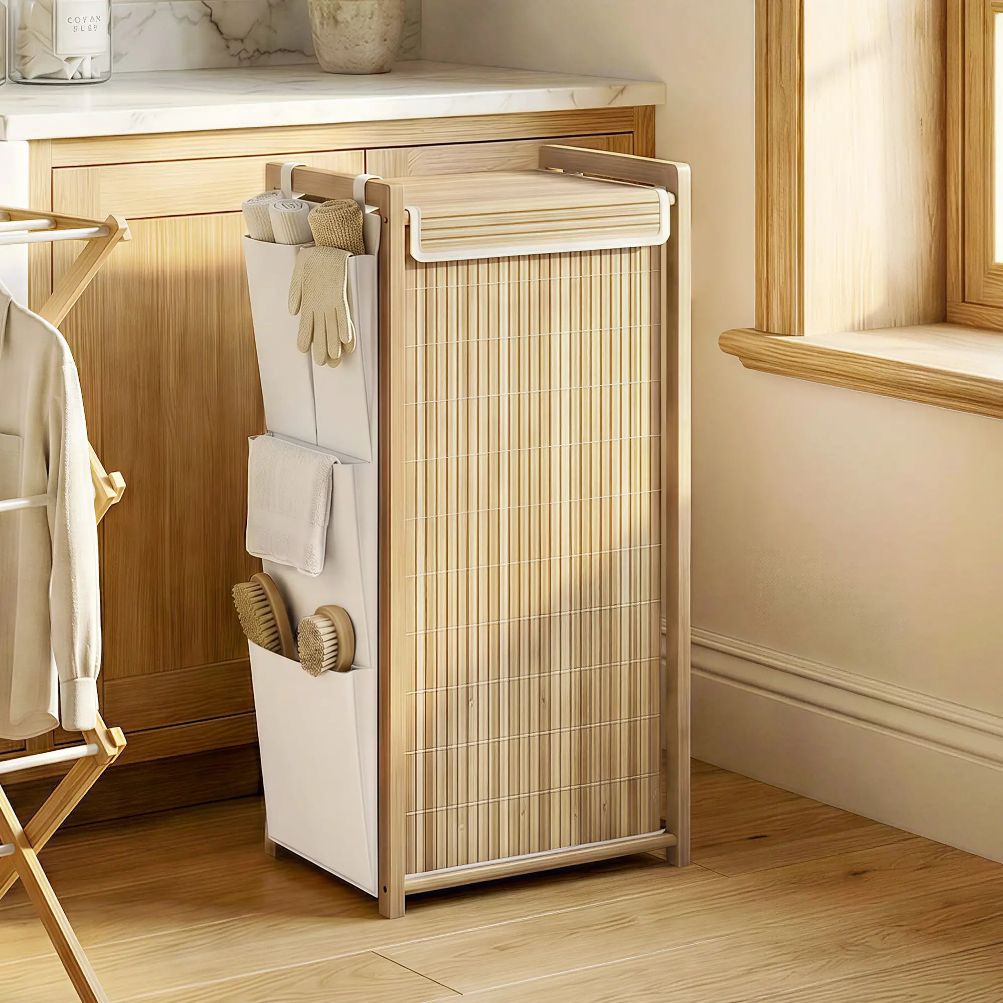 Bamboo Laundry Hamper with Removable Drawstring Bag and Side Storage Pockets, 19.8 Gal, Natural Bath Accessories at Gallery Canada