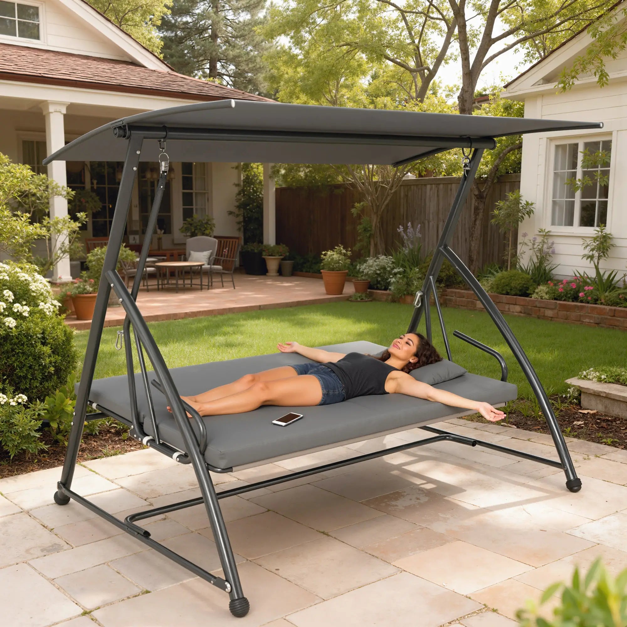 3 Person Patio Swing Chair, Convertible Hammock, Outdoor Lounge Bed, Dark Grey Porch Swings with Canopy at Gallery Canada