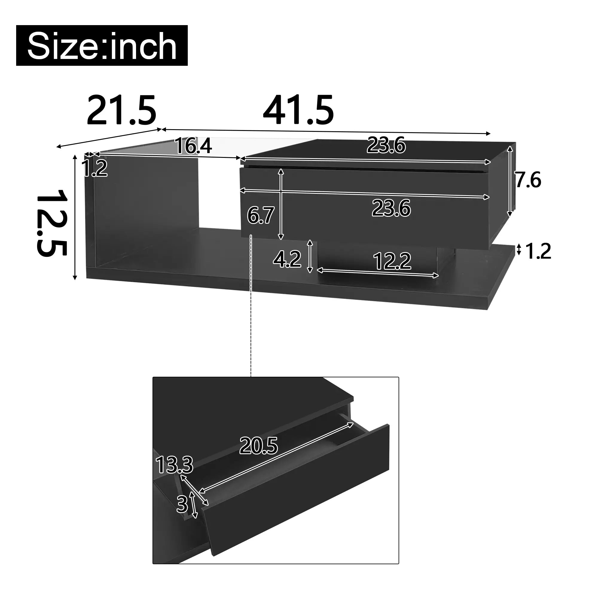Coffee Table, Glass Top with LED, 41.5
