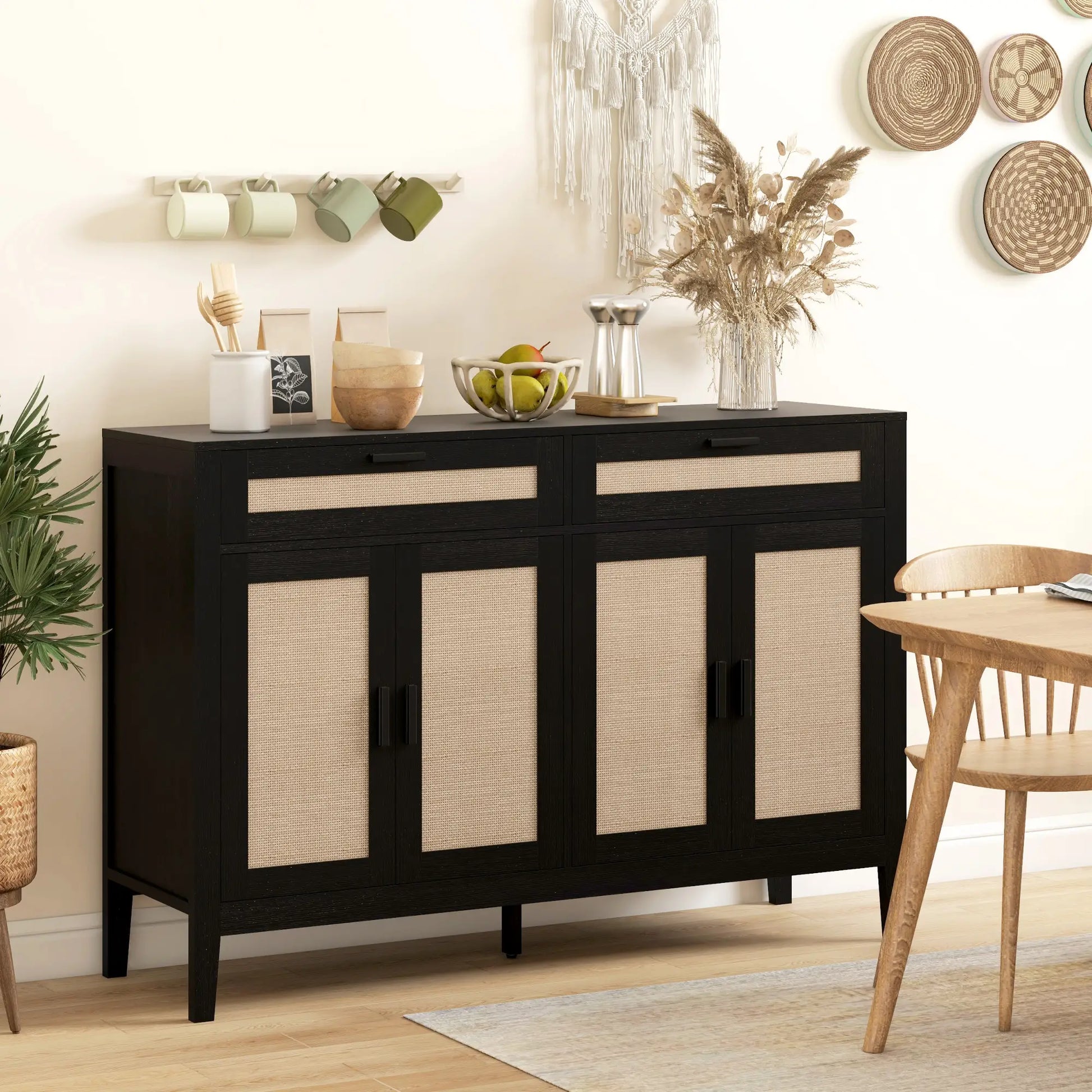 Boho Kitchen Sideboard Cabinet, Rattan Doors, Dining Room, Black Storage Cabinets at Gallery Canada