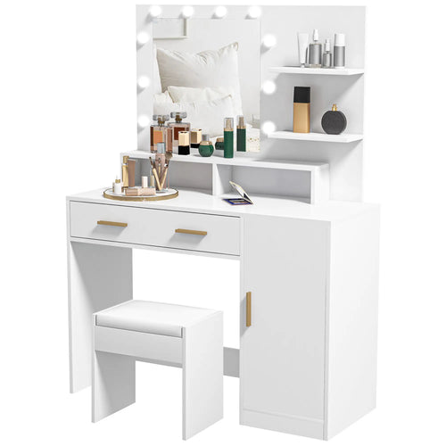 LED Dressing Table Set with Stool, Mirror, Drawer, Shelves