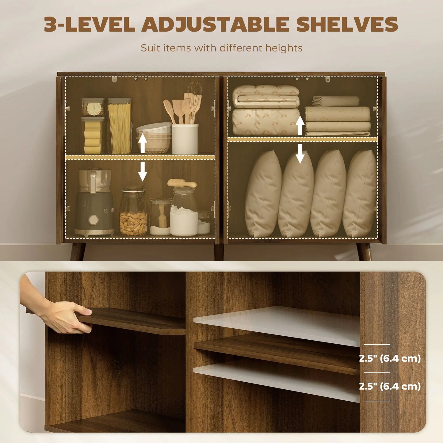 Fluted Sideboard with Storage, Adjustable Shelves, Dark Brown Bar Cabinets at Gallery Canada