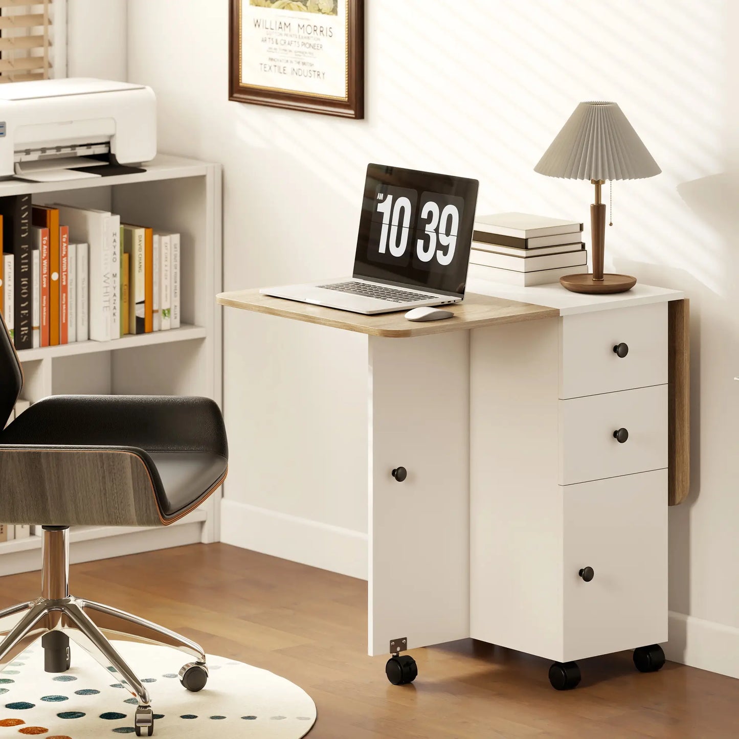 Mobile Drop Leaf Dining Table On Wheels, White And Oak, White