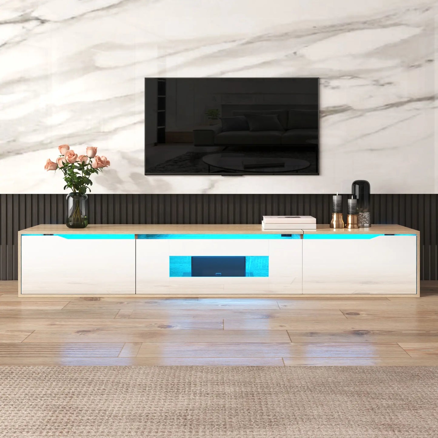 Modern TV Stand With LED Lighting, 71" L x 12" W x 12" H, Wood, White TV Stands at Gallery Canada