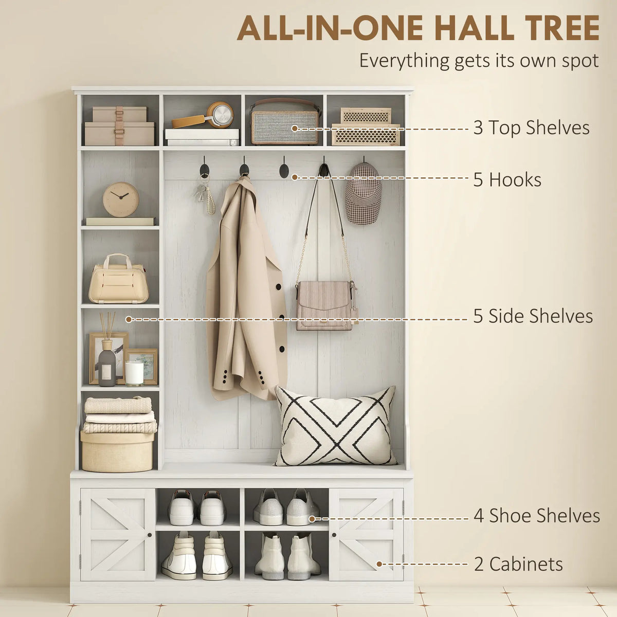 Hall Tree Bench With Shoe Storage, 12 Shelves, 2 Cabinets, 5 Hooks, White Clothing Storage at Gallery Canada