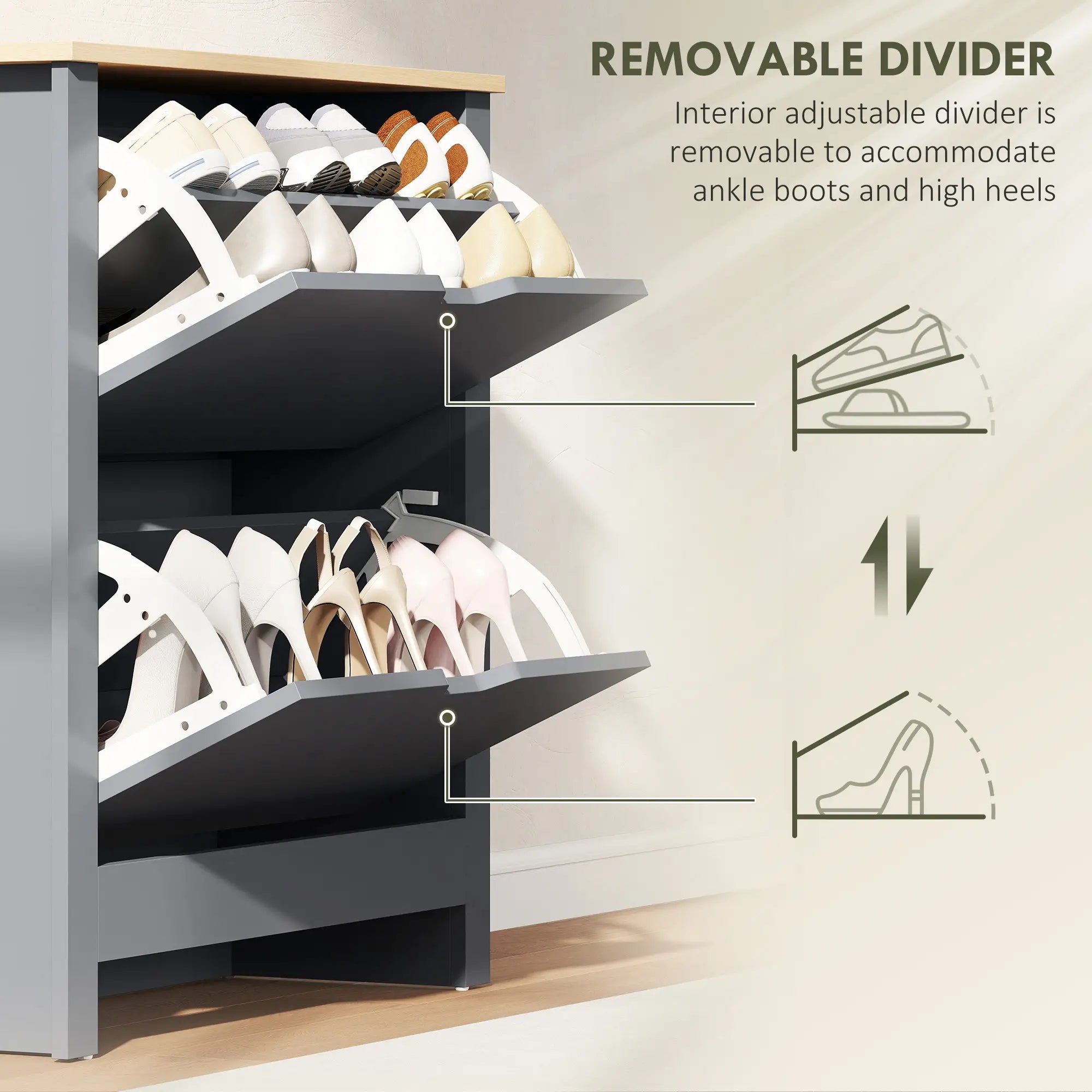 Shoe Storage Cabinet, 2 Flip Drawers, Adjustable Shelves, 12 Pairs, Dark Grey Shoe Storage Cabinets & Racks at Gallery Canada