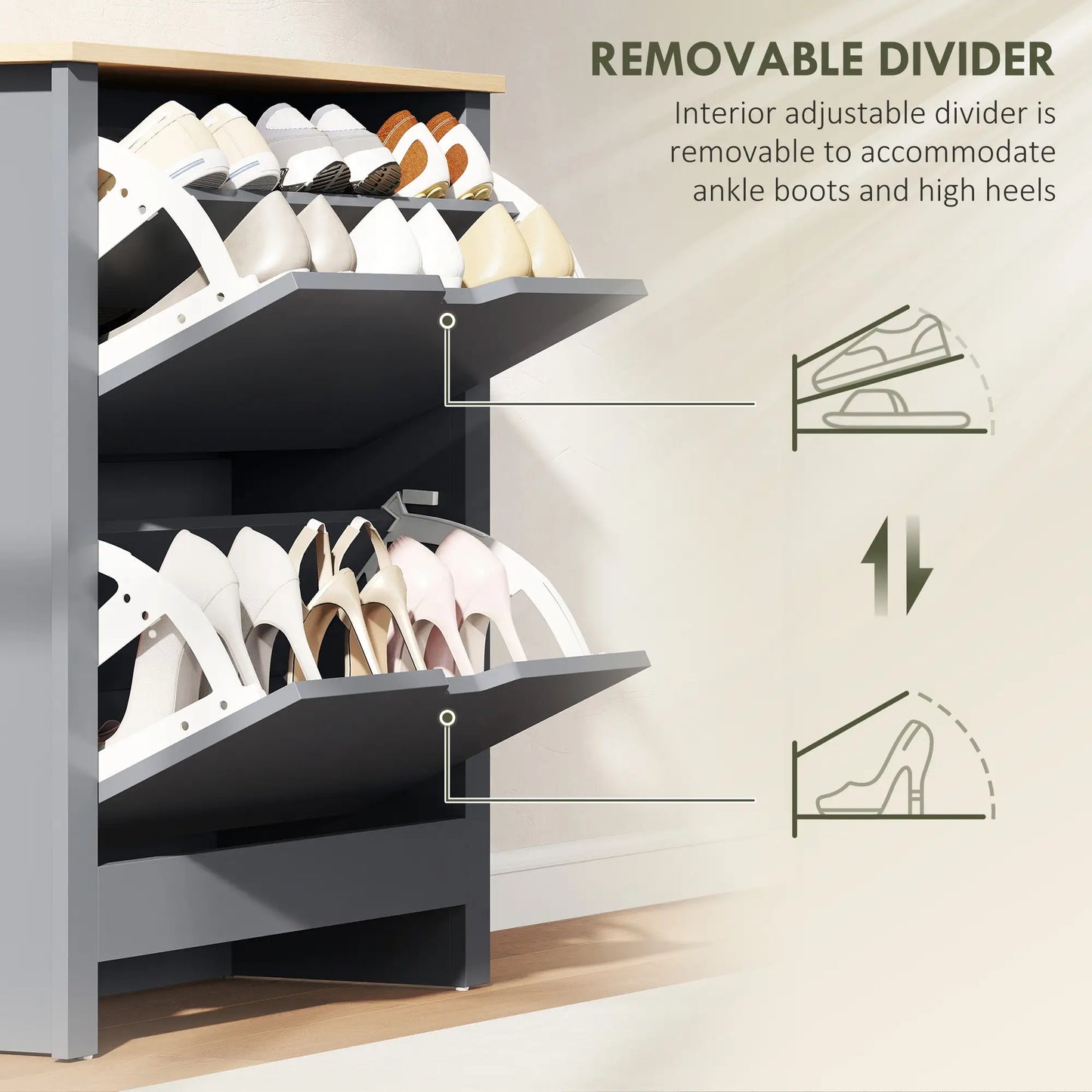 Shoe Storage Cabinet, 2 Flip Drawers, Adjustable Shelves, 12 Pairs, Dark Grey Shoe Storage Cabinets & Racks at Gallery Canada