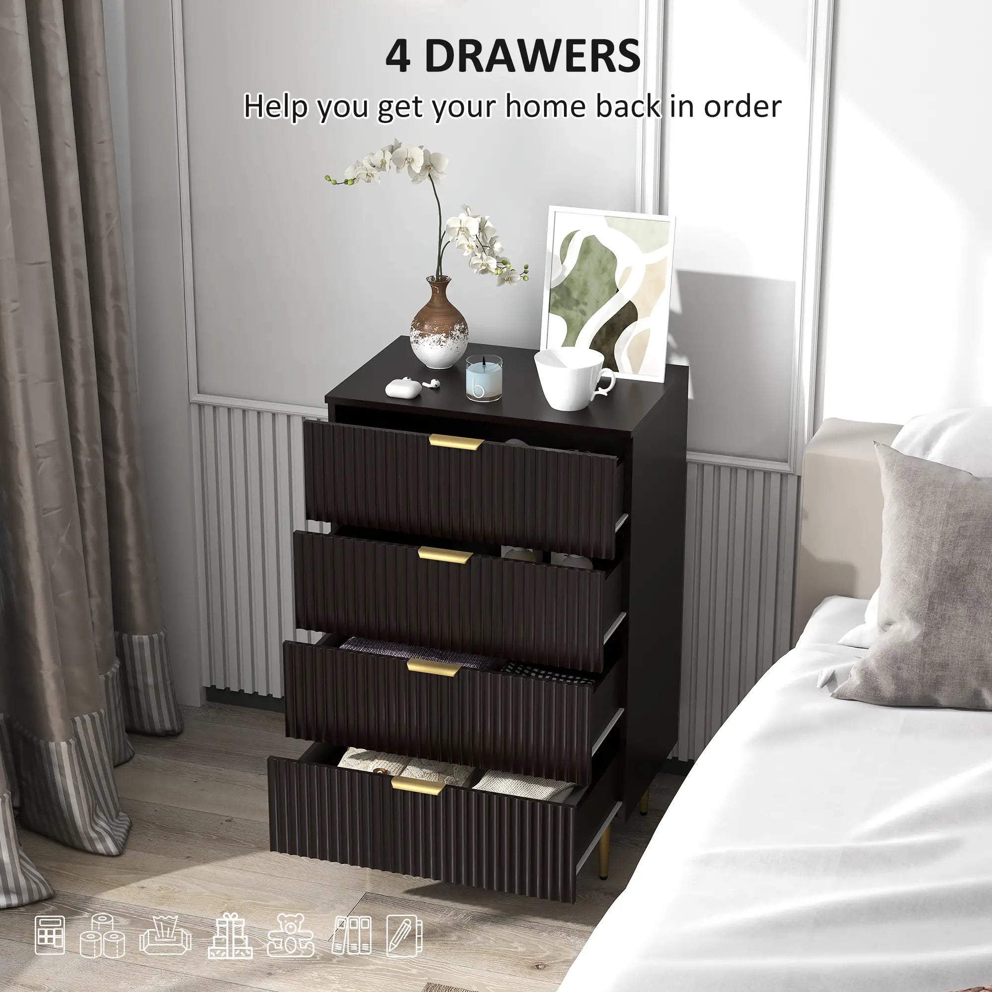 Modern 4 Drawer Dresser, Black with Gold Legs, Bedroom Chest, Black, Gold Storage Cabinets at Gallery Canada