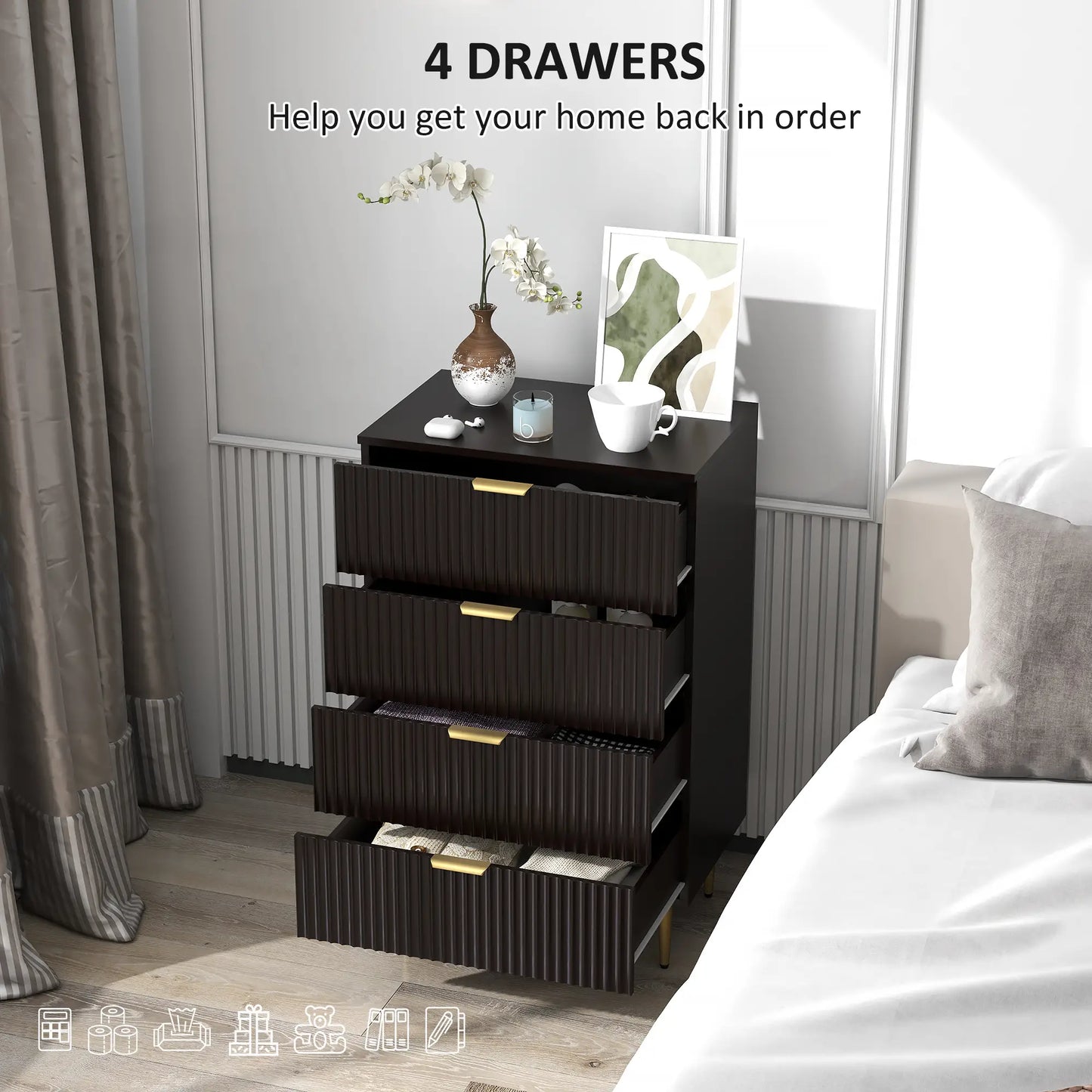 Modern 4 Drawer Dresser, Black with Gold Legs, Bedroom Chest, Black, Gold Storage Cabinets at Gallery Canada