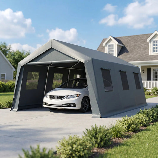 20 x 13 ft Portable Garage, Steel Frame, PE Canopy, Dark Grey