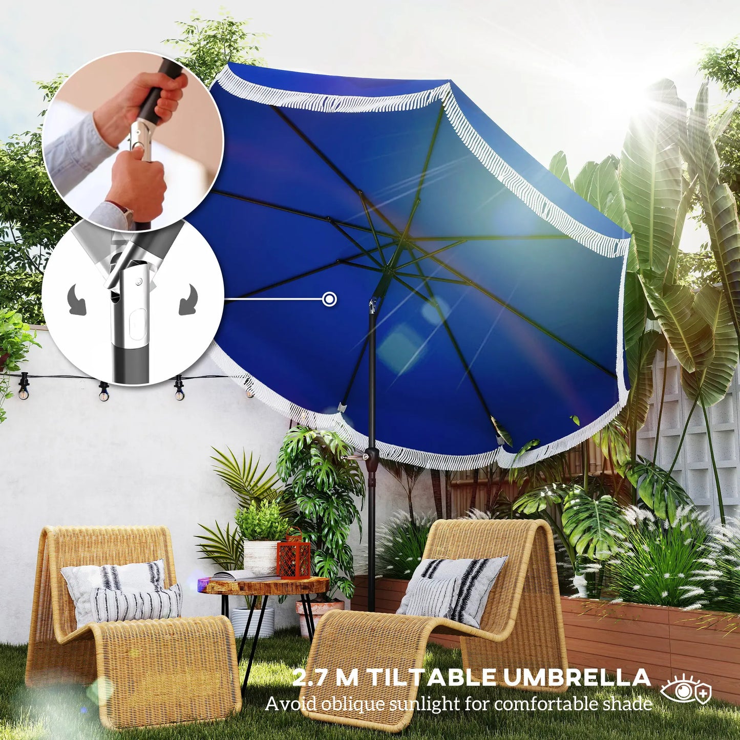 9FT Patio Umbrella, UPF 30+, Crank, 8 Ribs, Push Button Tilt, Blue Patio Umbrellas at Gallery Canada