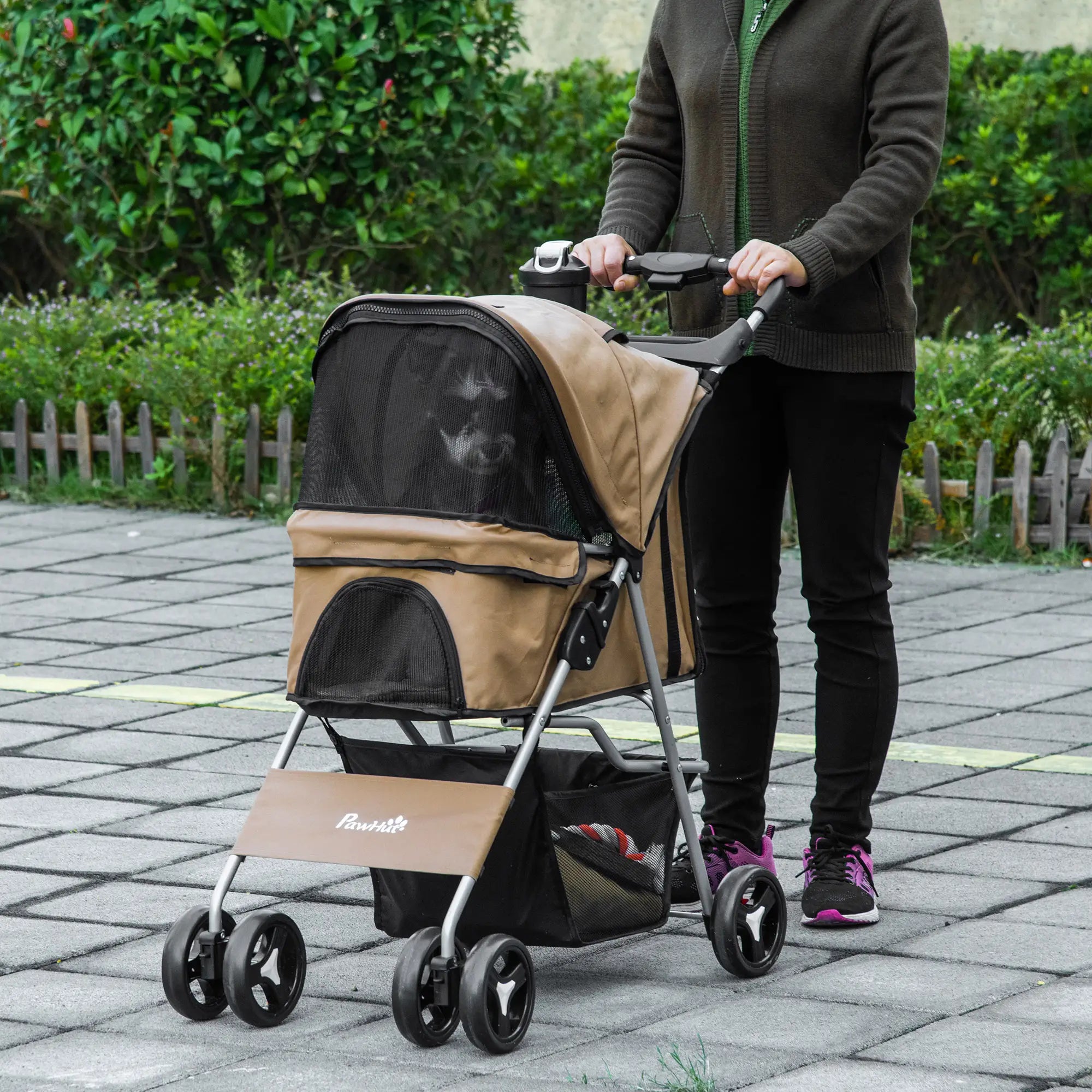 Foldable Pet Stroller, 4 Wheels, Storage Basket, Cup Holder, Coffee Dog Bike Trailers & Strollers at Gallery Canada