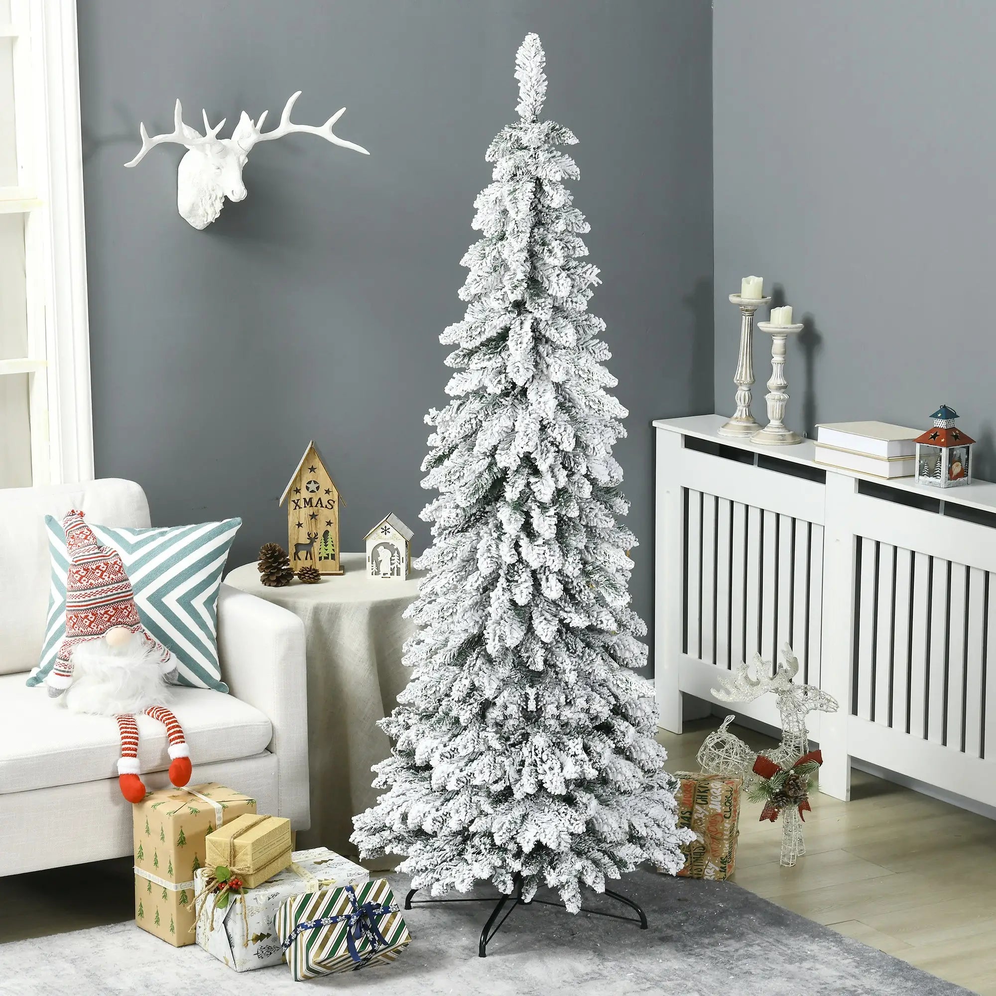 6' Artificial Slim Flocked Christmas Tree, Snow Frosted Branches, Steel Base Artificial Christmas Trees at Gallery Canada