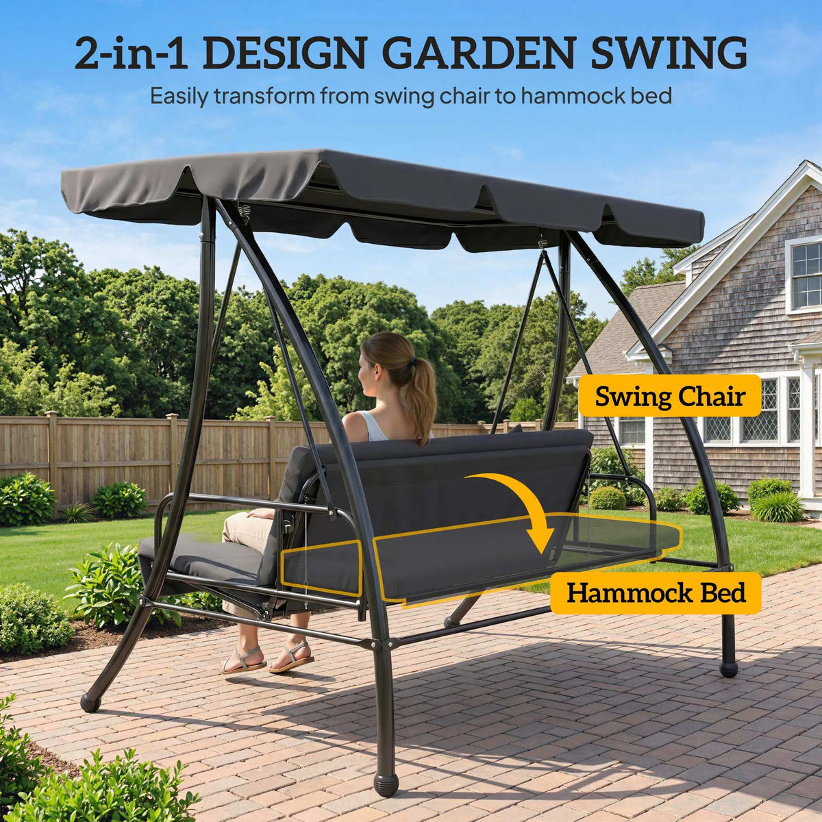 3-Person Patio Swing Chair Convertible Hammock, Dark Grey Patio Swings with Stand at Gallery Canada