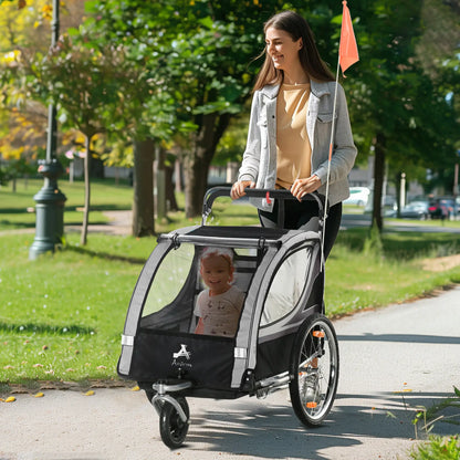 2 Seat Bike Trailer, 2-in-1 Baby Stroller, Handbrake, Rubber Wheels, Grey Kids Bike Trailers at Gallery Canada
