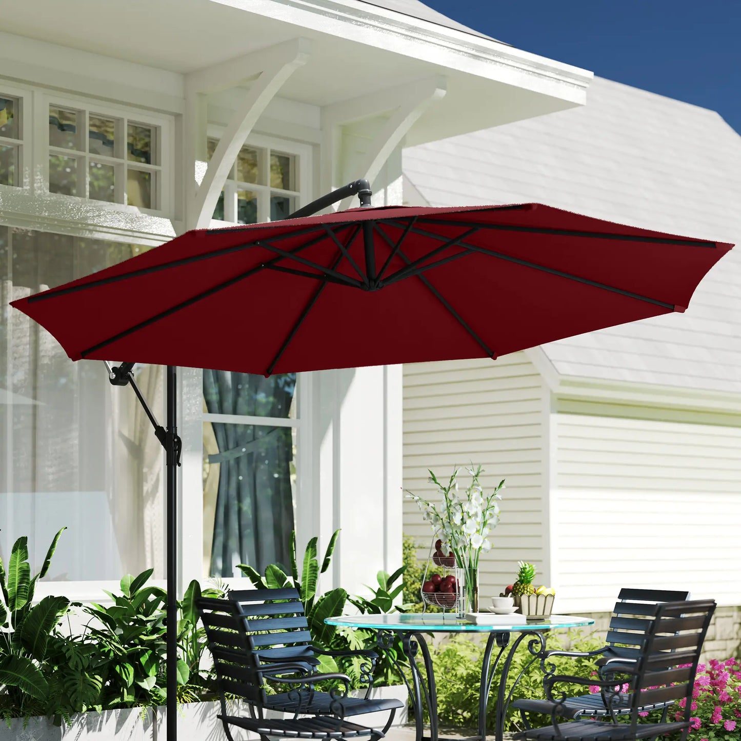 9.7ft Offset Patio Umbrella, Hanging Parasol, Crank, Wine Red Offset Cantilever Umbrellas at Gallery Canada