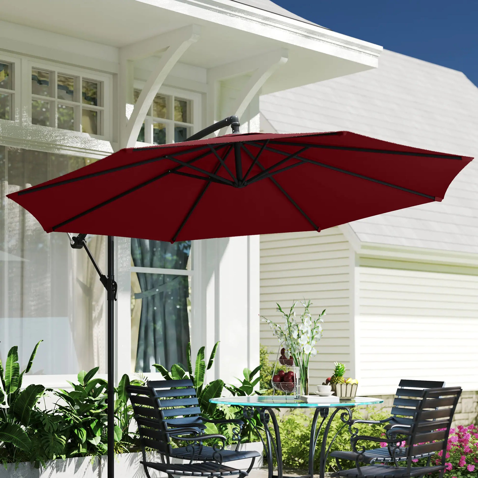 9.7ft Offset Patio Umbrella, Hanging Parasol, Crank, Wine Red Offset Cantilever Umbrellas at Gallery Canada