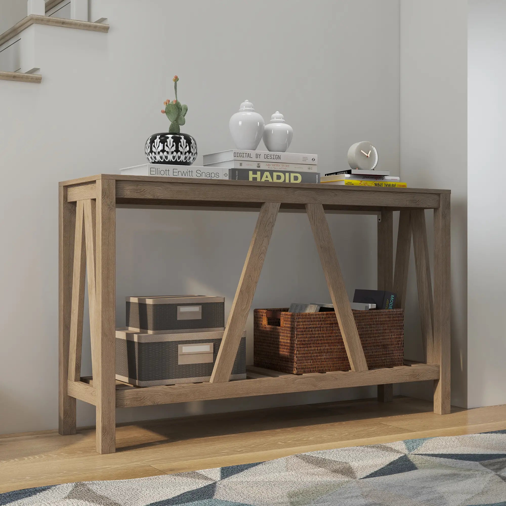 Farmhouse Entryway Table, Rustic Console with Shelf, Distressed, Grey Console Tables at Gallery Canada
